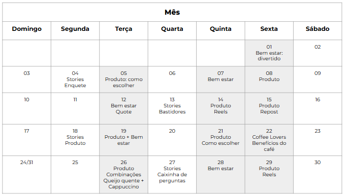 Calendário de conteúdo